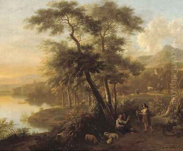 An Italianate wooded landscape with peasants and their flock resting by a path Oil Painting by Simon Mathurin Lantara