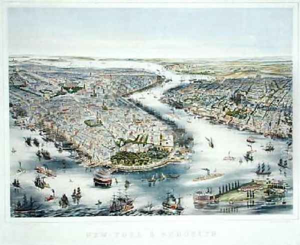 Birds-eye view of New York and Brooklyn Oil Painting by Lochner, J.H.