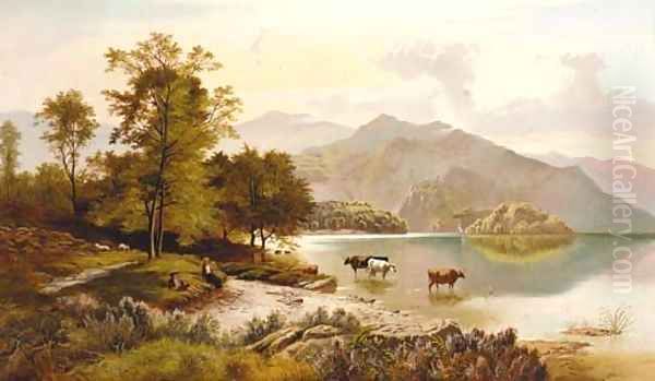 Figures resting by a lake with cattle watering in a mountainous landscape Oil Painting by Charles Leslie