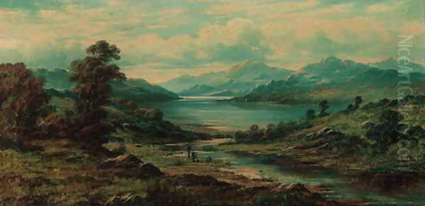 Anglers in a loch landscape Oil Painting by Charles Leslie