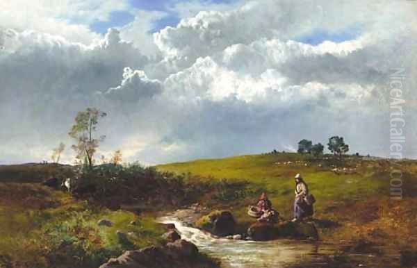 Girls resting by a stream Oil Painting by Charles Leslie