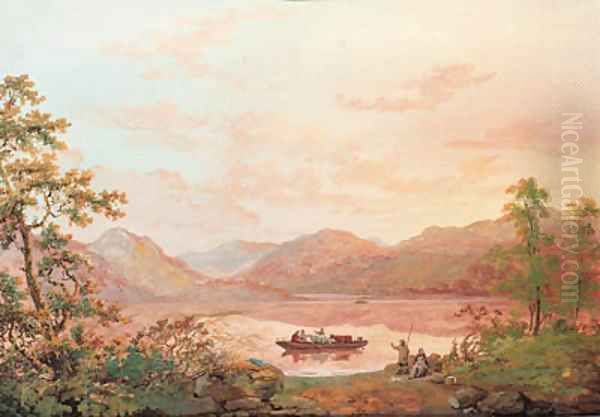 View on Lake Windermere with a ferry transporting figures and cattle, Cumbria Oil Painting by John Laporte