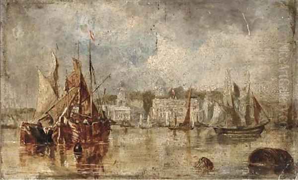 Barges and other shipping lying on the Thames at Greenwich Oil Painting by John Locker