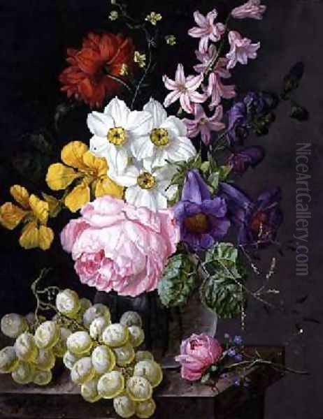 Roses Narcissi and flowers in a vase Oil Painting by Josef Lauer