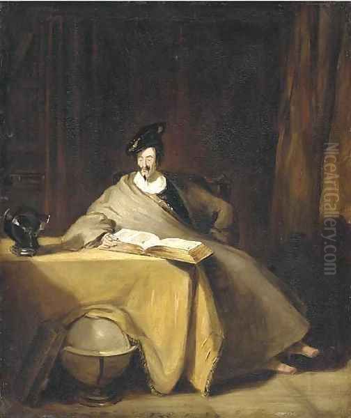 An elegant figure seated at a table reading a book, with symbols of the active and contemplative lives Oil Painting by Henry Liverseege