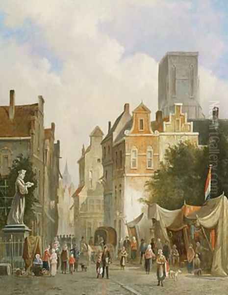 French Market Town Oil Painting by S.J. van der Ley