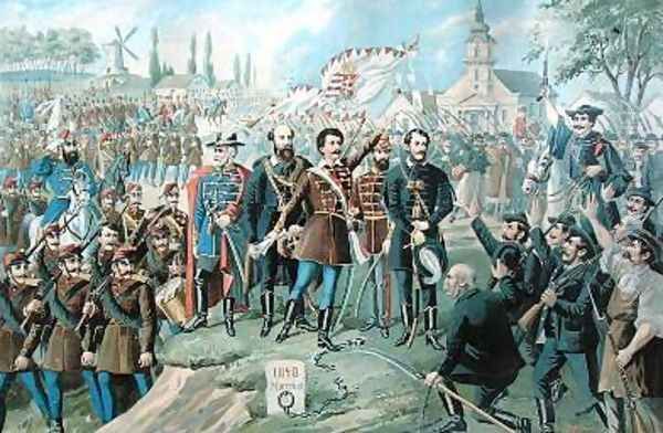 Sandor Petofi 1823-49 and his famous proclamation of Talpra Magyar on the 15 March 1848 Oil Painting by Laszlo, Bellony