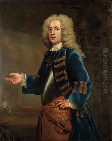 Portrait of Henry Boyle (d.1756), Captain of Horse, three-quarter-length, in a breastplate and blue coat with gold trim, in a landscape Oil Painting by Anthony Lee