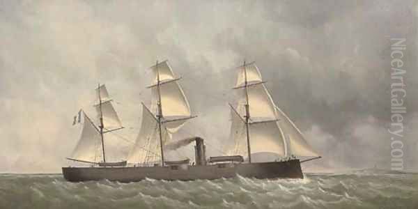 A French ironclad turret ship under sail and steam off the coast Oil Painting by Charles Leduc