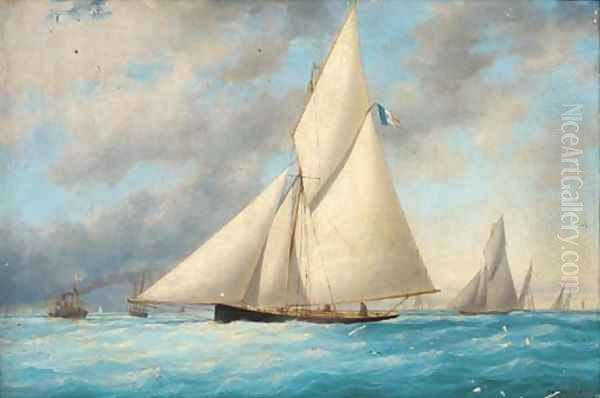 A French regatta with a racing cutter approaching the finishing line Oil Painting by Charles Leduc