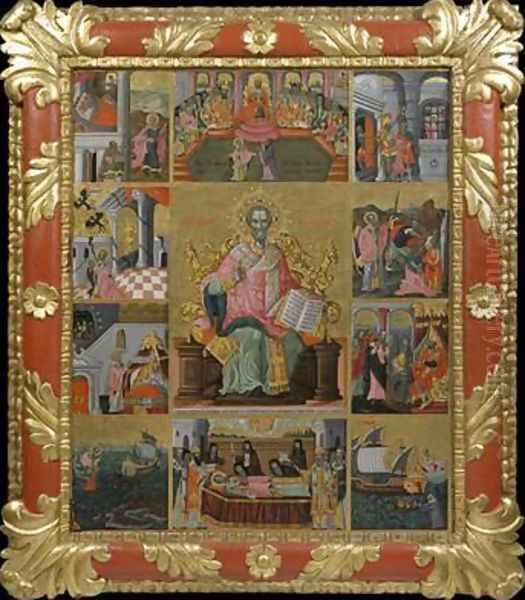 Icon of Saint Nicholas with scenes of his life and miracles Oil Painting by Laskaris Leichoudis