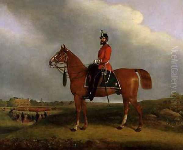 An Officer of the Bedford Light Infantry Militia mounted on a charger Oil Painting by C.P. Langley