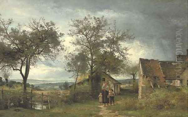 A family gathering before a country cottage Oil Painting by Eugene Antoine Samuel Lavieille