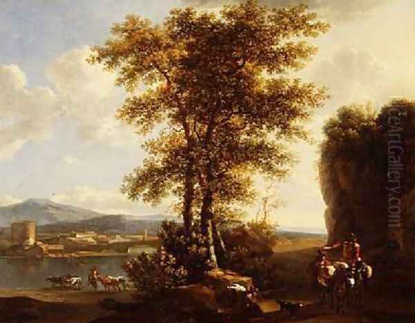 An Italianate wooded river landscape with travellers on a path Oil Painting by Lodewyck van Ludick