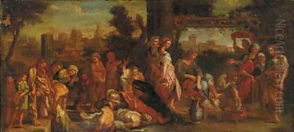 The death of Ananias and Sapphira with the washing of Peter's feet () Oil Painting by Charles Lebrun