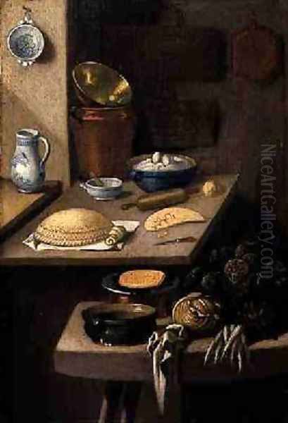 Kitchen Still Life of Vegetables and Preparations for Baking a Cake Oil Painting by E. K. Lautter