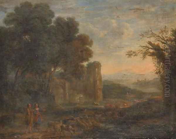 A landscape with a shepherd and shepherdess with their flock Oil Painting by Claude Lorrain (Gellee)