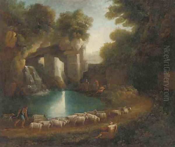 A wooded clearing with a shepherd and his flock and anglers by a waterfall beneath classical ruins Oil Painting by Claude Lorrain (Gellee)