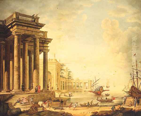 A Neoclassical Capriccio Of Figures On A Quay By A Loggia Oil Painting by Claude Lorrain (Gellee)