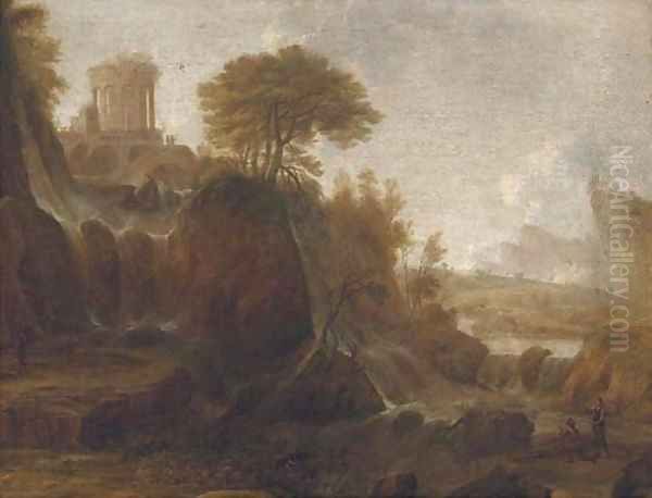 Figures by a waterfall in a classical landscape Oil Painting by Claude Lorrain (Gellee)