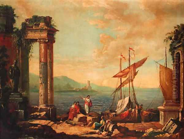 Figures resting by a ruined temple on a quay Oil Painting by Claude Lorrain (Gellee)