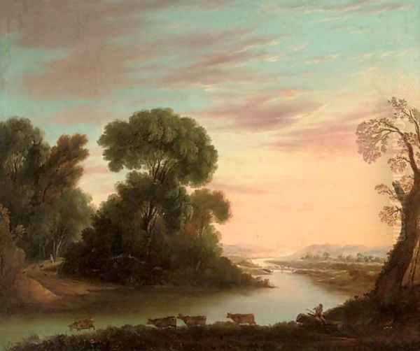 A wooded river landscape with a drover under a tree, his cattle beyond Oil Painting by Claude Lorrain (Gellee)