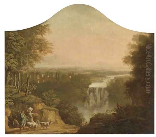 An extensive river landscape with a shepherd and his flock by a waterfall Oil Painting by Claude Lorrain (Gellee)