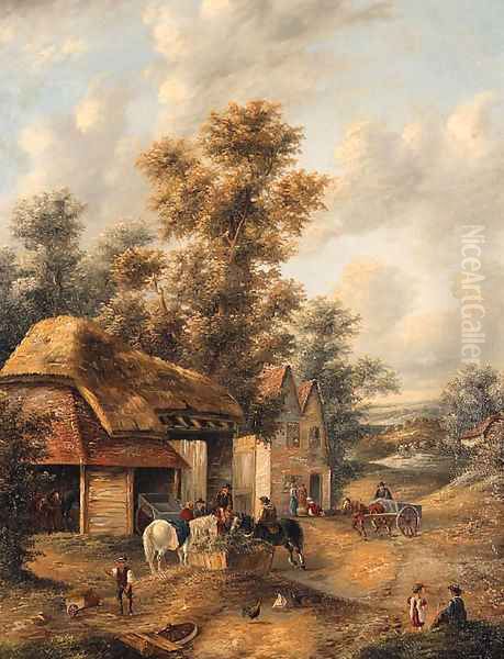 Figures with Horses before a Cottage Oil Painting by Georgina Lara