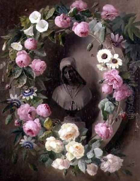 Garland with Roses and Passion Flowers Around a Bust of a Saint Oil Painting by Henrietta de Longchamp