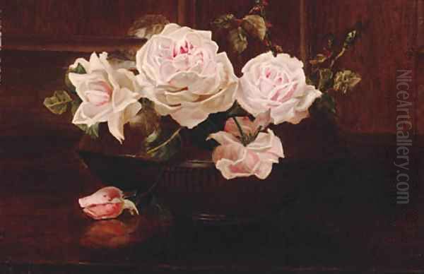 Roses in a bowl on a table Oil Painting by Henrietta de Longchamp