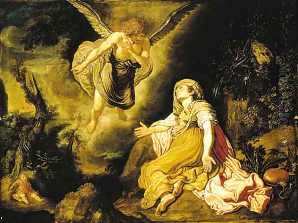 The Angel appearing to Hagar in the desert of Beersheba Oil Painting by Pieter Lastman