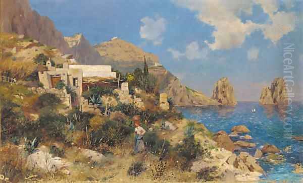 A lady by a coastline cottage in Capri Oil Painting by August Lovatti