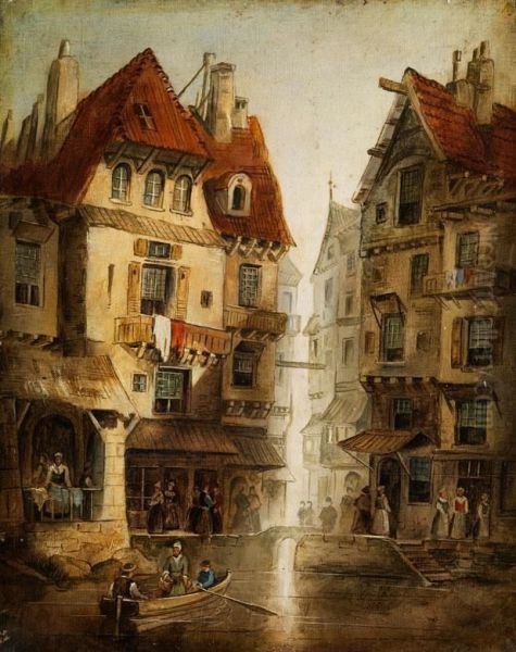 Hollandische Burgerhauser Und Gracht Oil Painting by Adrianus Eversen