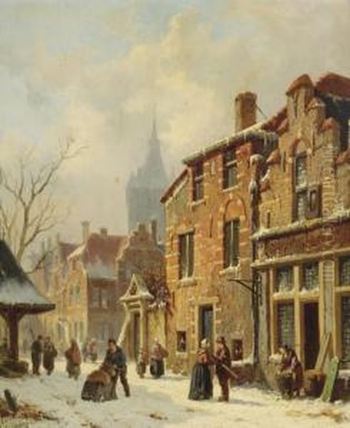 Numerous Townspeople In A Snow-covered Street, Delft Oil Painting by Adrianus Eversen