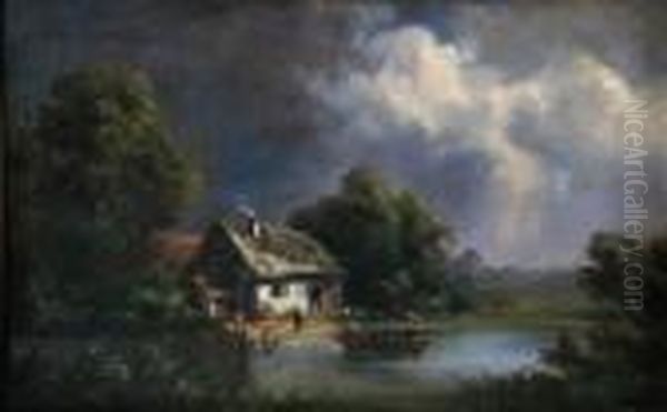 At 
Rural 
Home Oil Painting by Adrianus Eversen