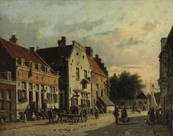 Figures In A Dutch Town Oil Painting by Adrianus Eversen