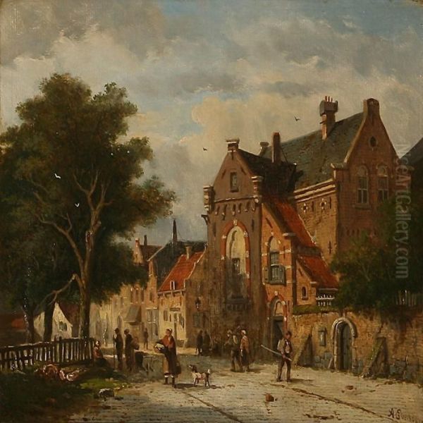 Street Life In A Dutch City Oil Painting by Adrianus Eversen