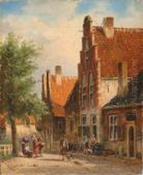 A Sunny Street Oil Painting by Adrianus Eversen