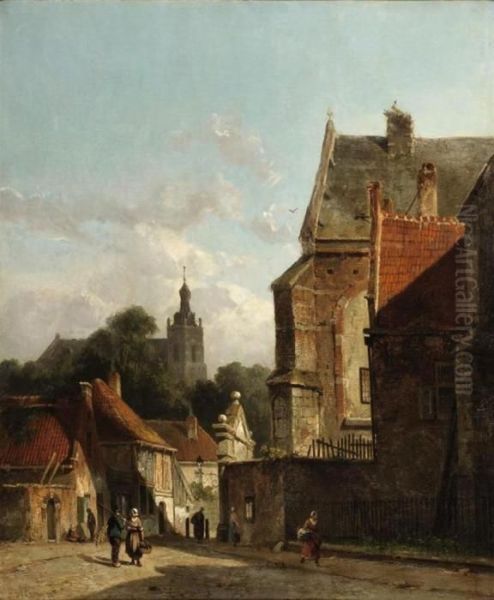 Figures In A Sunlit Dutch Town Oil Painting by Adrianus Eversen