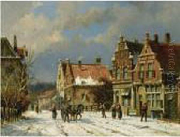 A Wintry Townscene, Enkhuizen Oil Painting by Adrianus Eversen