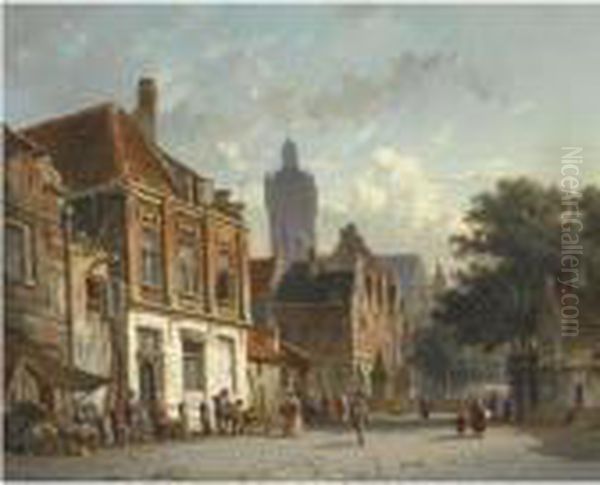 A Town Scene Oil Painting by Adrianus Eversen