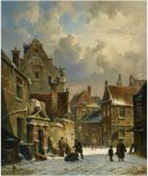 Figures In The Streets Of A Dutch Town In Winter Oil Painting by Adrianus Eversen