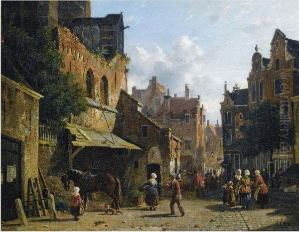 A Busy Town View Oil Painting by Adrianus Eversen