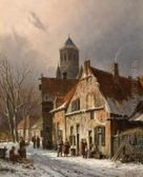 A Village Street In Winter Oil Painting by Adrianus Eversen