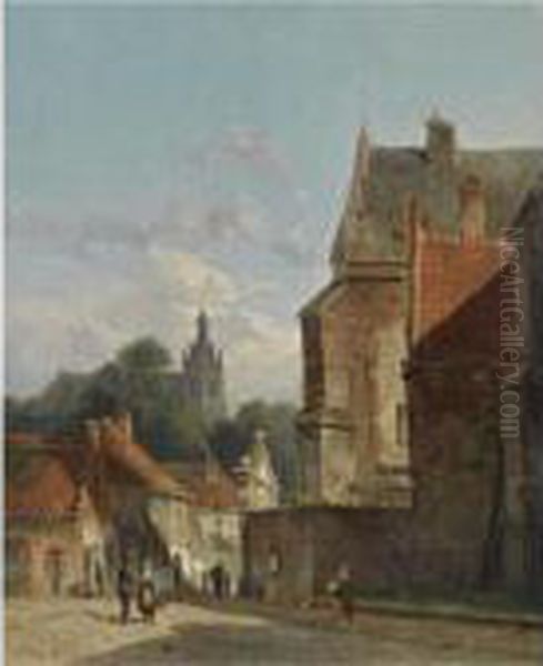 Figures In The Streets Of A Dutch Town Oil Painting by Adrianus Eversen