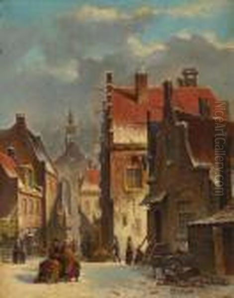 Winter In The Village Oil Painting by Adrianus Eversen