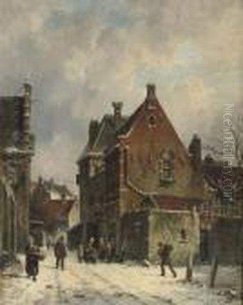 Winter In A Dutch Town Oil Painting by Adrianus Eversen