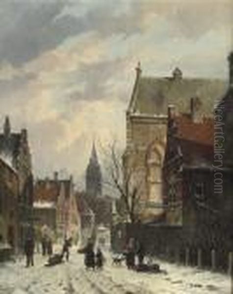 A Snow-covered Street With A Church Beyond Oil Painting by Adrianus Eversen