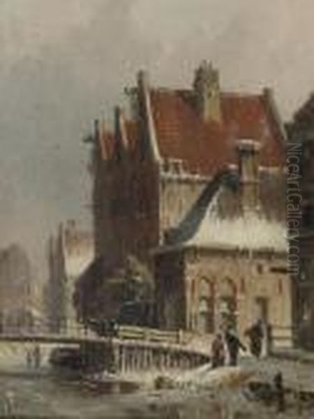 A Snow-covered Street In A Dutch Town Oil Painting by Adrianus Eversen