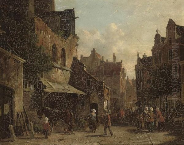 Market Day In A Dutch Town Oil Painting by Adrianus Eversen